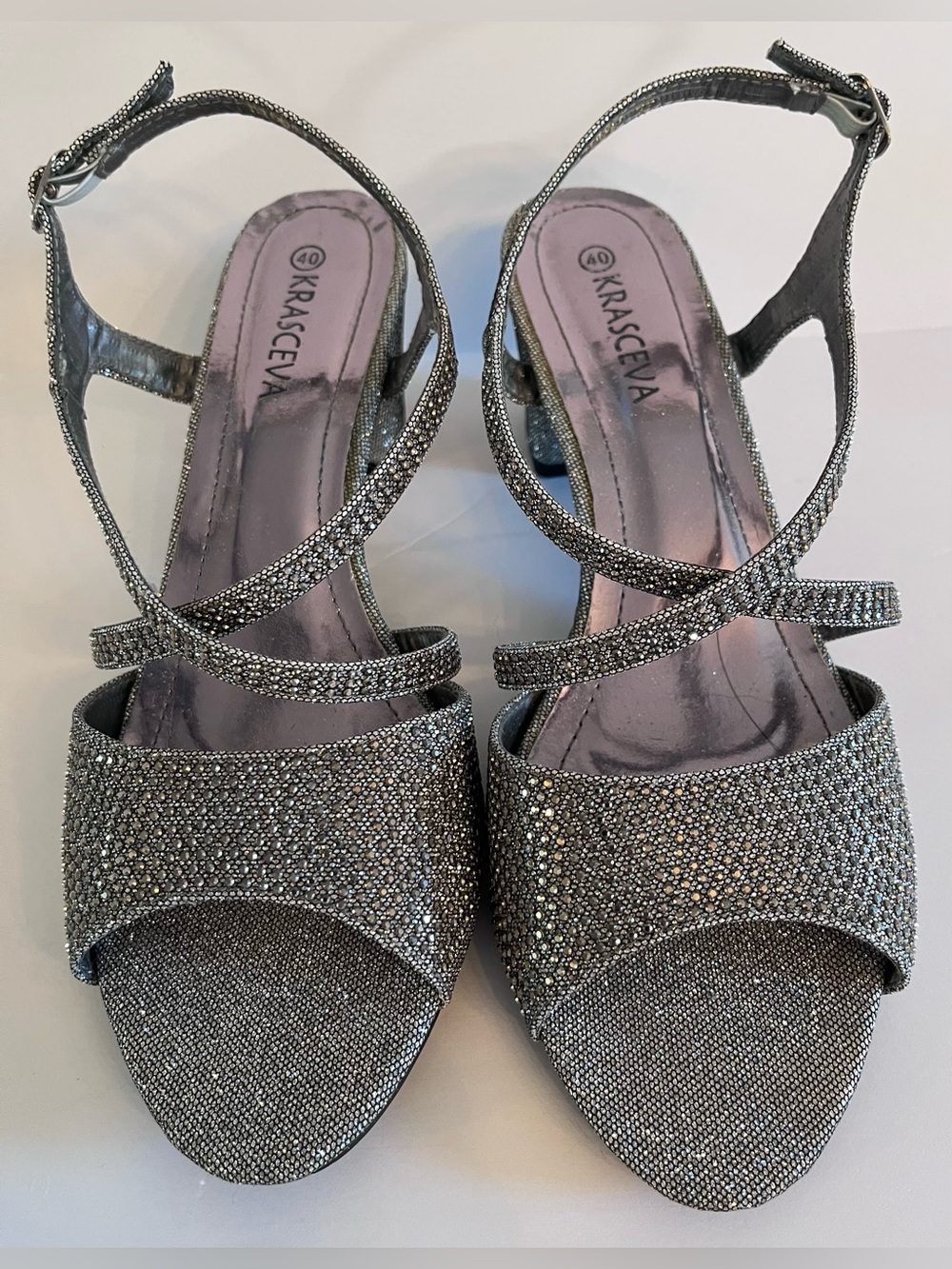 Krasceva Metallic Silver Rhinestone Slingback Block Heel Sandals Size 40